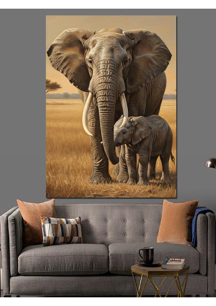 Büyük Fil Yavrusu Manzarası Dekoratif Kanvas - Mdf Ahşap Tablo fırsatları