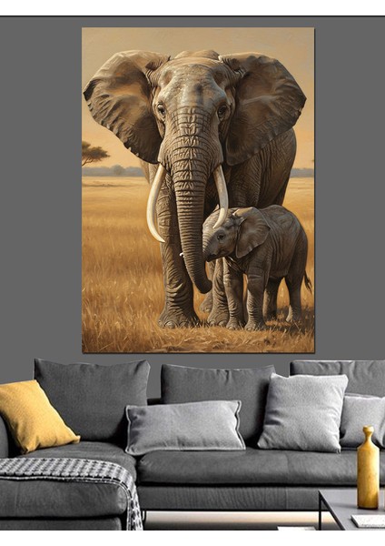 Büyük Fil Yavrusu Manzarası Dekoratif Kanvas - Mdf Ahşap Tablo indirimleri