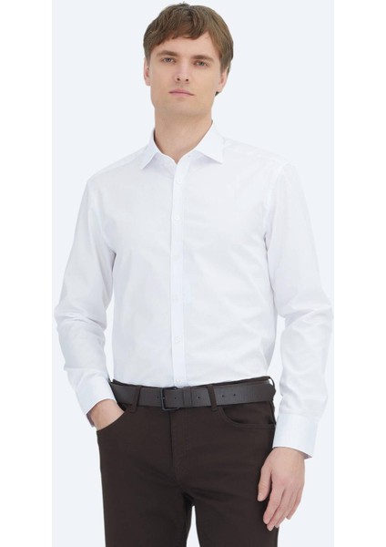 Beyaz Düz Regular Fit Dokuma Klasik %100 Pamuk Gömlek