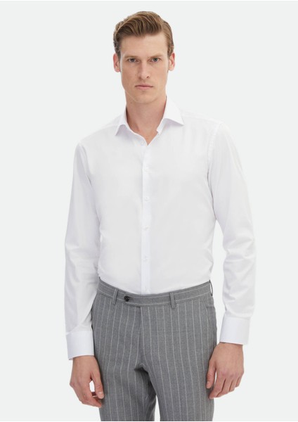 Beyaz Düz Slim Fit Dokuma Klasik %100 Pamuk Gömlek