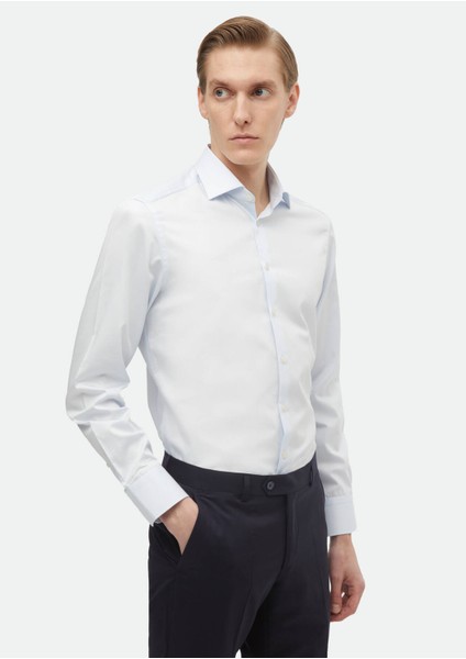 Açık Mavi Düz Slim Fit Dokuma Klasik %100 Pamuk Gömlek