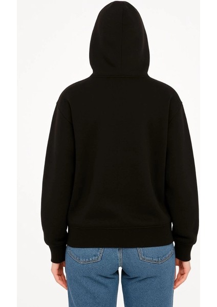 Oversize Kapüşonlu Sweatshirt Hoodie 3 Iplik Şardonlu Pamuklu Kumaş, Önü Baskılı, Fermuarlı Rahat Kalıp, Kışlık ve Sokak Stili Sweat - Siyah modelleri