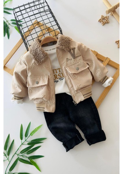 Kabartma Harf Baskı Montlu Erkek Çocuk 3 lü takım - Bej
