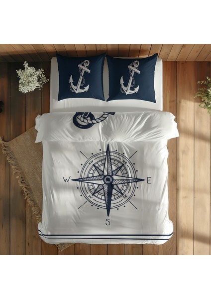 Sailor & Compass / Blue Çift Taraflı Nevresim Takımı - 200 cm x 220 cm fırsatları