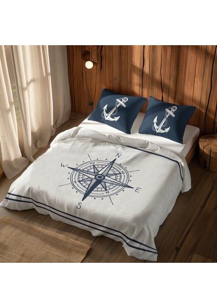 Sailor & Compass / Blue Çift Taraflı Nevresim Takımı - 200 cm x 220 cm