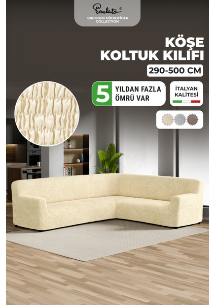 Lastikli Esnek ve Yıkanabilir Piliseli Vanilya Köşe Koltuk Kılıfı