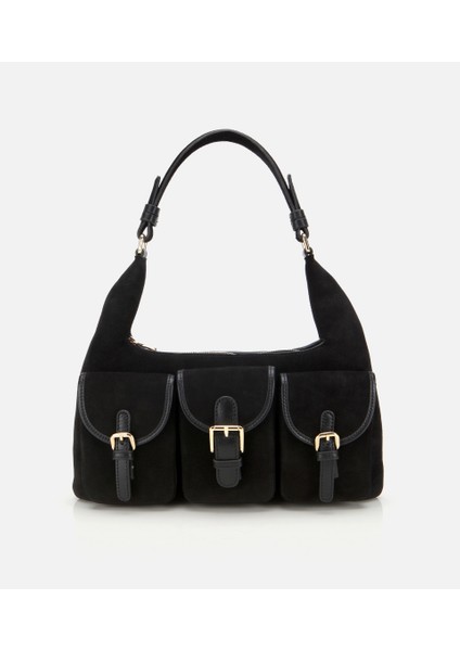 03CAH316400A100 KADIN Süet Deri Siyah Cepli Tokalı Omuz Çantası
