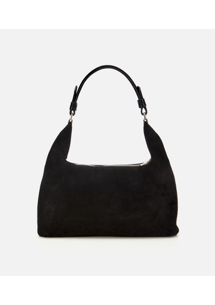 03CAH316400A100 KADIN Süet Deri Siyah Cepli Tokalı Omuz Çantası