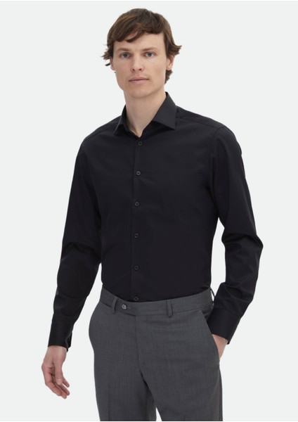 Siyah Düz Slim Fit Dokuma Klasik %100 Pamuk Gömlek