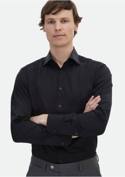 Siyah Düz Slim Fit Dokuma Klasik %100 Pamuk Gömlek indirimleri
