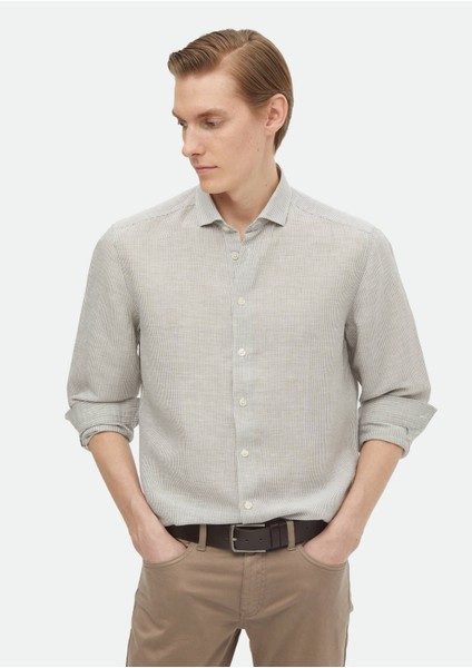 Antrasit Çizgili Regular Fit Dokuma Casual Keten Karışımlı Gömlek fiyatları