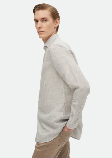 Antrasit Çizgili Regular Fit Dokuma Casual Keten Karışımlı Gömlek fırsatları