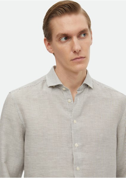 Antrasit Çizgili Regular Fit Dokuma Casual Keten Karışımlı Gömlek indirimleri