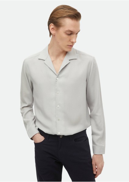 Açık Gri Düz Regular Fit Dokuma Klasik Gömlek