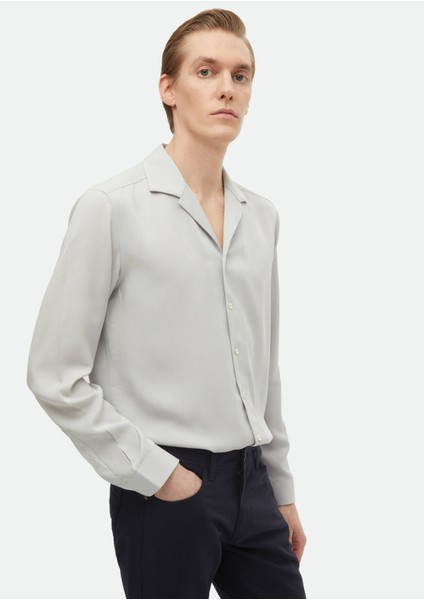 Açık Gri Düz Regular Fit Dokuma Klasik Gömlek modelleri