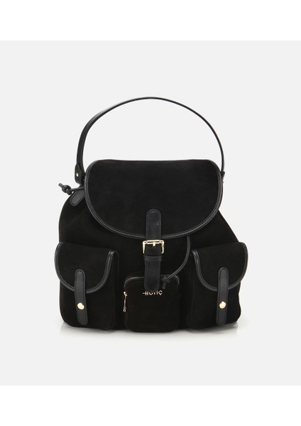 03CAH316410A100 KADIN Süet Deri Siyah Cepli Tokalı Sırt Çantası