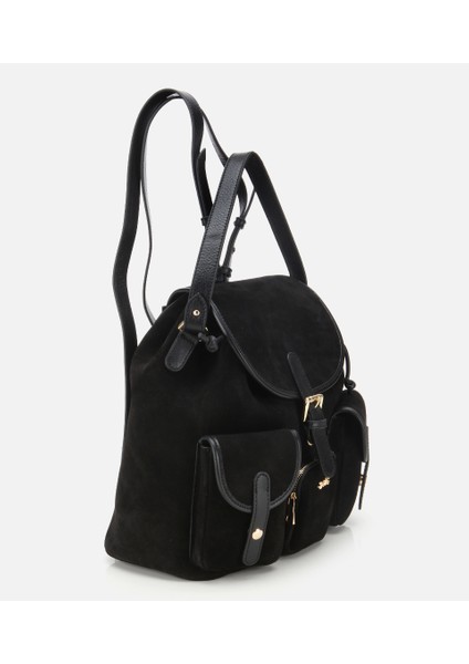 03CAH316410A100 KADIN Süet Deri Siyah Cepli Tokalı Sırt Çantası modelleri
