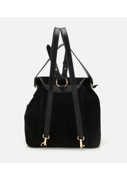 03CAH316410A100 KADIN Süet Deri Siyah Cepli Tokalı Sırt Çantası