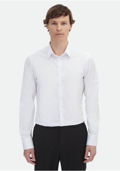 Beyaz Düz Super Slm Fit Dokuma Klasik %100 Pamuk Gömlek