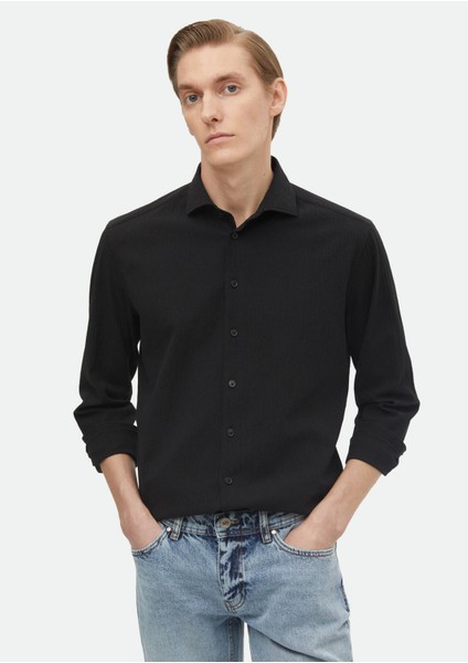 Siyah Düz Regular Fit Dokuma Casual Pamuk Karışımlı Gömlek