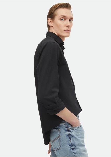 Siyah Düz Regular Fit Dokuma Casual Pamuk Karışımlı Gömlek modelleri