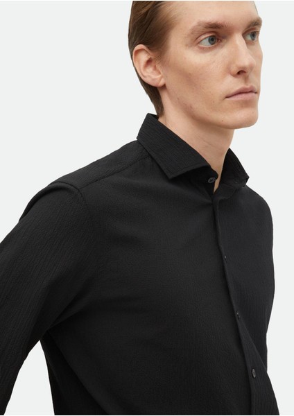 Siyah Düz Regular Fit Dokuma Casual Pamuk Karışımlı Gömlek fırsatları