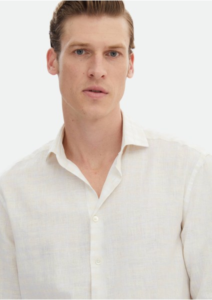 Ekru Baskılı Regular Fit Dokuma Casual %100 Keten Gömlek modelleri