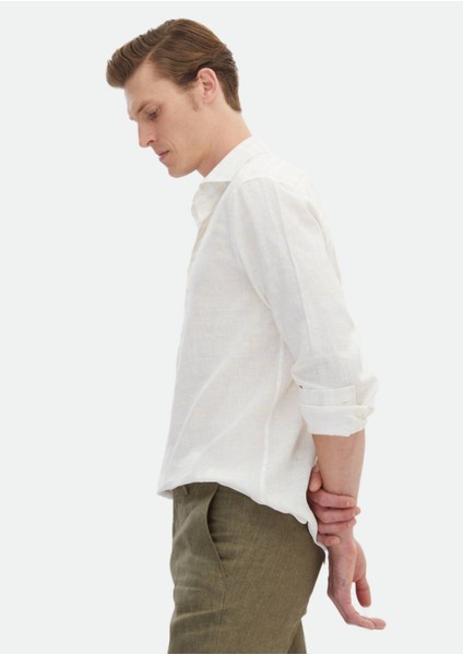 Ekru Baskılı Regular Fit Dokuma Casual %100 Keten Gömlek fırsatları