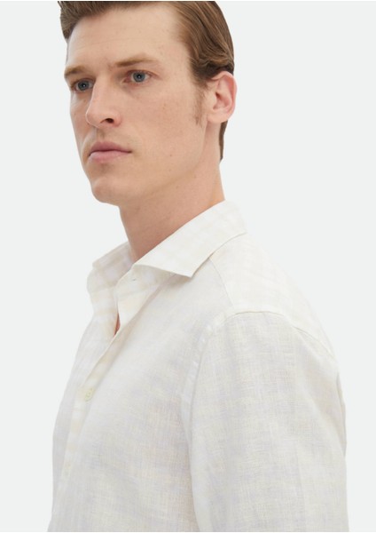 Ekru Baskılı Regular Fit Dokuma Casual %100 Keten Gömlek indirimleri