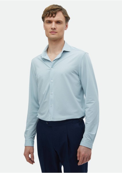 Açık Gri Çizgili Casual Fit Casual Gömlek