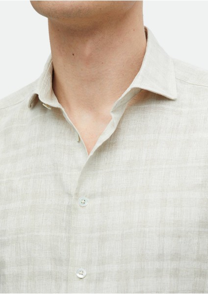 Bej Baskılı Regular Fit Dokuma Casual %100 Keten Gömlek fırsatları