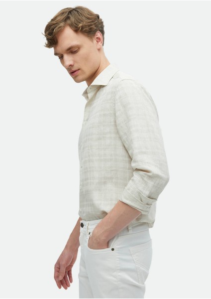 Bej Baskılı Regular Fit Dokuma Casual %100 Keten Gömlek indirimleri