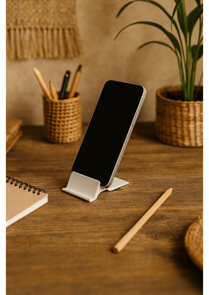 3D Baskı Telefon Standı Beyaz Renk Masaüstü Minimal Tasarım Sabit Aparat Tutucu Organizer