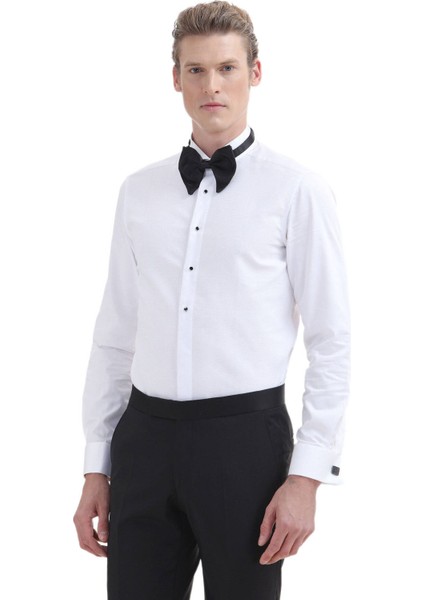 Beyaz Düz Slim Fit Duble Manşet Ata Yaka Smokin Gömlek