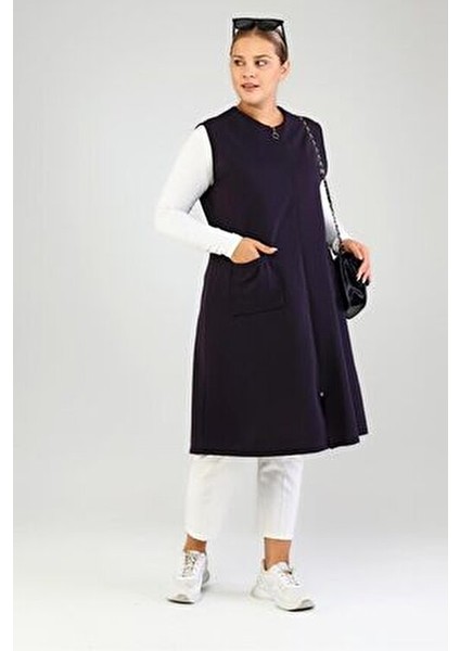 Kadın Büyük Beden Çelik Örme Yelek Kolsuz Uzun Siyah Bordo Haki Lacivert