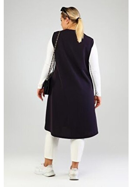 Kadın Büyük Beden Çelik Örme Yelek Kolsuz Uzun Siyah Bordo Haki Lacivert
