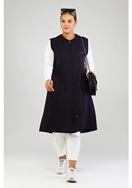 Kadın Büyük Beden Çelik Örme Yelek Kolsuz Uzun Siyah Bordo Haki Lacivert