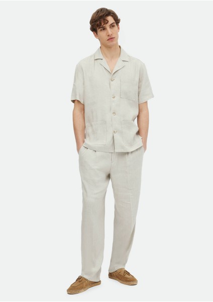 Bej Düz Casual Fit Dokuma Keten Karışımlı Overshırt fiyatları