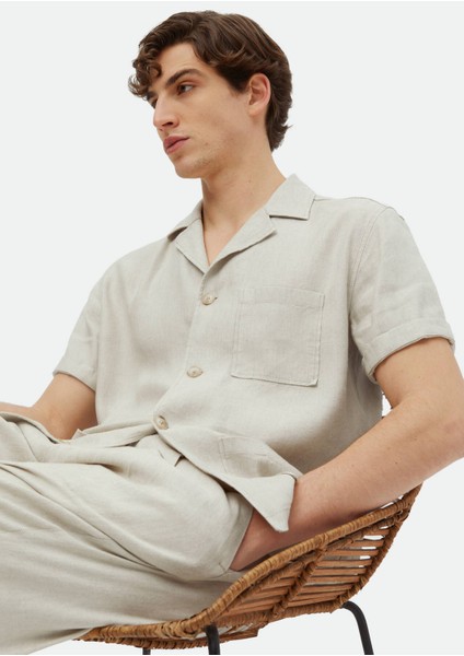 Bej Düz Casual Fit Dokuma Keten Karışımlı Overshırt modelleri