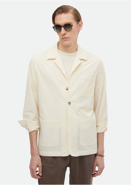 Ekru Düz Casual Fit Dokuma Pamuk Karışımlı Overshırt modelleri