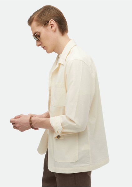 Ekru Düz Casual Fit Dokuma Pamuk Karışımlı Overshırt indirimleri