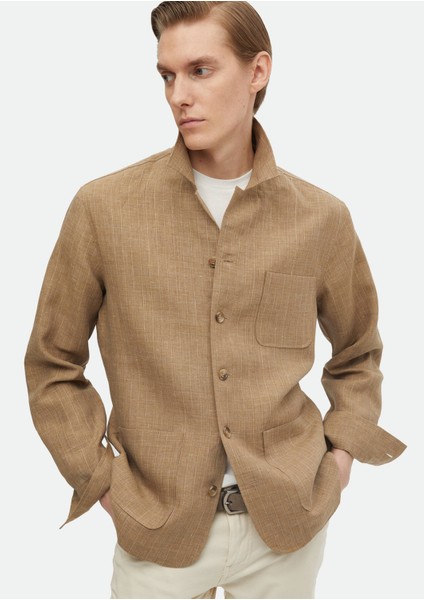 Vizon Düz Regular Fit Dokuma %100 Keten Overshırt modelleri