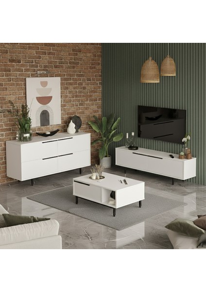 Bohem Tv Ünitesi Orta Sehpa Konsol 3'lü Set Beyaz BOH20-W