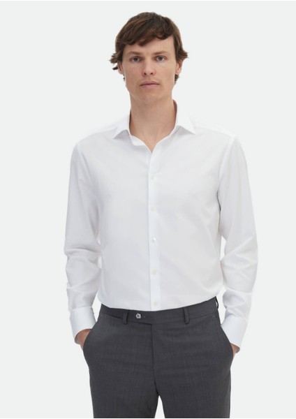 Beyaz Çizgili Regular Fit Dokuma Klasik %100 Pamuk Gömlek