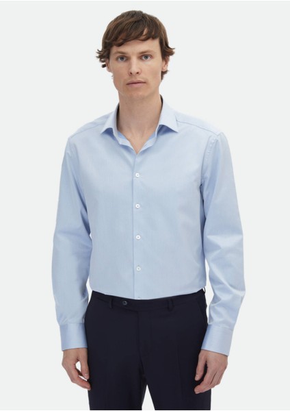 Mavi Çizgili Regular Fit Dokuma Klasik %100 Pamuk Gömlek