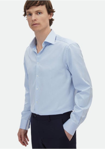 Mavi Çizgili Regular Fit Dokuma Klasik %100 Pamuk Gömlek modelleri