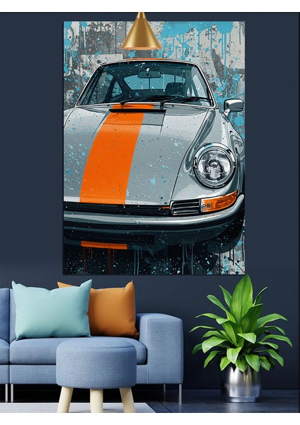 Turuncu Şeritli Yarış Arabası Otomobil Dekoratif Kanvas - Mdf Ahşap Tablo