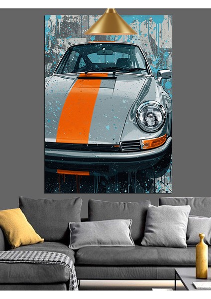 Turuncu Şeritli Yarış Arabası Otomobil Dekoratif Kanvas - Mdf Ahşap Tablo modelleri