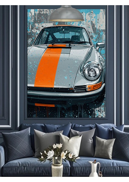 Turuncu Şeritli Yarış Arabası Otomobil Dekoratif Kanvas - Mdf Ahşap Tablo fırsatları