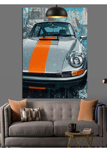 Turuncu Şeritli Yarış Arabası Otomobil Dekoratif Kanvas - Mdf Ahşap Tablo indirimleri